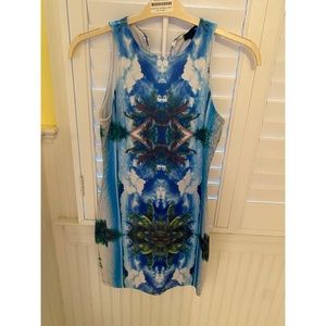 Bloomingdales Aqua dress. Blue and white palm tree tropical dress